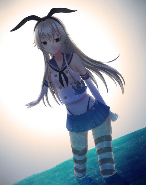 Anime picture 1189x1500 with kantai collection shimakaze destroyer aliceword single long hair tall image looking at viewer blonde hair bare shoulders animal ears yellow eyes bare belly hands behind back girl thighhighs skirt gloves navel hair ornament underwear