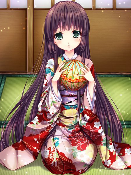 Anime picture 768x1024 with original asazuki kanai single long hair tall image looking at viewer blush black hair green eyes full body indoors traditional clothes parted lips japanese clothes kneeling floral print seiza girl kimono obi