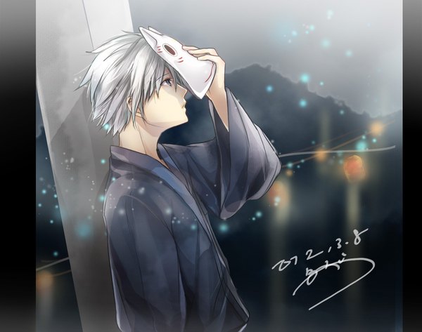 Anime picture 1200x945 with hotarubi no mori e gin (hotarubi no mori e) cang cheng single fringe short hair hair between eyes holding signed looking away upper body outdoors long sleeves traditional clothes japanese clothes arm up grey hair wide sleeves grey eyes dated