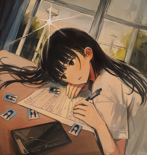 Anime picture 2855x3000 with original funabashi (iwzry) single long hair tall image blush fringe highres open mouth black hair holding brown eyes looking away upper body indoors blunt bangs sparkle dutch angle turning head hieroglyph