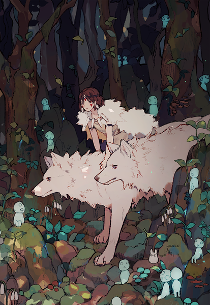 Anime picture 689x1000 with tonari no totoro mononoke hime studio ghibli san chibi totoro kodama (mononoke hime) moro no ichizoku yueko (jiayue wu) tall image short hair brown hair looking away face paint riding girl plant (plants) earrings animal tree (trees) fur