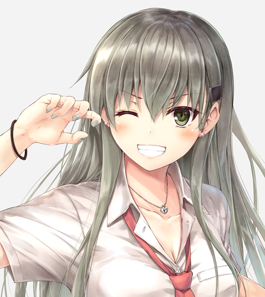 Anime picture 825x928 with kantai collection suzuya heavy cruiser suien single long hair tall image looking at viewer blush fringe simple background smile hair between eyes green eyes cleavage upper body nail polish one eye closed arm up fingernails grey hair