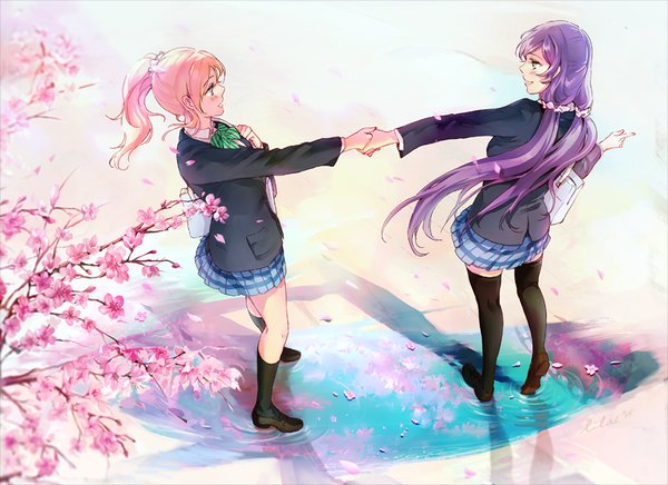 Anime picture 1000x727 with love live! school idol project sunrise (studio) love live! toujou nozomi ayase eli lilacc long hair open mouth blue eyes blonde hair twintails multiple girls green eyes purple hair ponytail from above shadow low twintails cherry blossoms holding hands