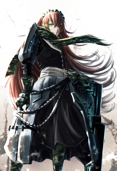 Anime picture 618x900 with overlord (maruyama) madhouse cz2128 delta tagame (tagamecat) single long hair tall image looking at viewer fringe simple background blonde hair hair between eyes standing green eyes from below floating hair symbol-shaped pupils serious mechanical arms girl
