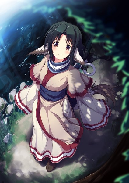 Anime picture 2893x4092 with utawareru mono eruruw ugume single long hair tall image blush highres black hair standing brown eyes animal ears tail long sleeves from above sunlight wide sleeves alternate costume girl plant (plants)