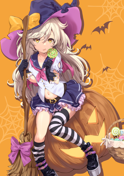 Anime picture 1003x1416 with original kome to pan single long hair tall image fringe hair between eyes sitting yellow eyes looking away full body white hair bare belly halloween orange background girl thighhighs skirt gloves hat
