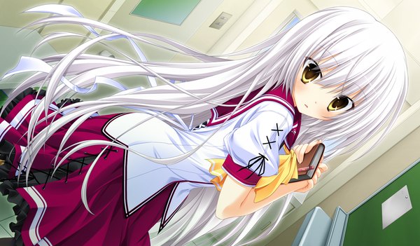 Anime picture 1024x600 with sora to kumo to kimi no koi long hair blush wide image yellow eyes game cg white hair girl uniform school uniform book (books)