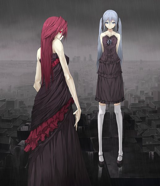 Anime picture 1240x1439 with original solru (tyappygain) long hair tall image looking at viewer smile red eyes twintails bare shoulders multiple girls blue hair red hair looking back city hands behind back pale skin girl thighhighs dress ribbon (ribbons)