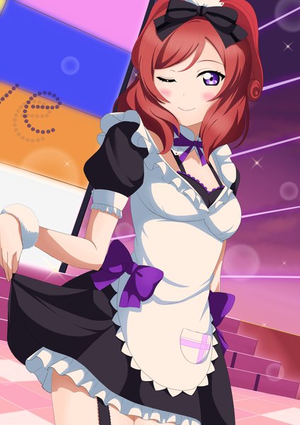 Anime picture 2894x4093 with love live! school idol project sunrise (studio) love live! nishikino maki zanpon single tall image looking at viewer blush highres short hair smile standing purple eyes red hair one eye closed wink short sleeves maid checkered floor