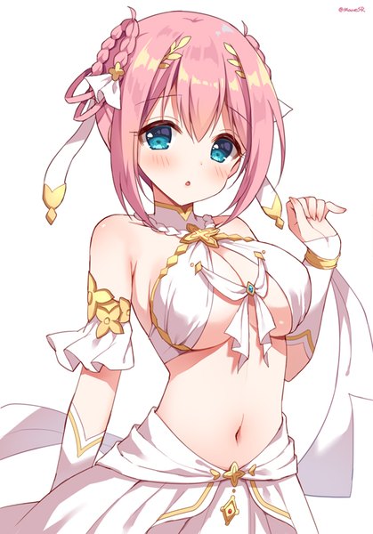 Anime picture 559x800 with princess connect! re:dive princess connect! yui (princess connect!) mauve single tall image looking at viewer blush short hair breasts light erotic simple background large breasts white background signed pink hair upper body aqua eyes :o twitter username