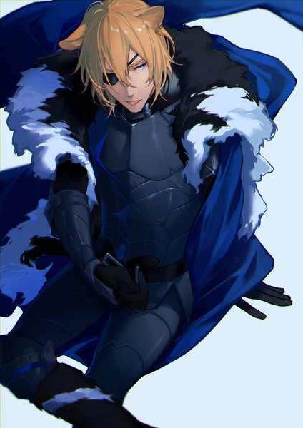 Anime picture 842x1191 with fire emblem fire emblem: three houses nintendo dimitri alexandre blaiddyd sb (artist) single tall image fringe short hair blue eyes simple background blonde hair hair between eyes sitting looking away from above arm support :p kemonomimi mode boy