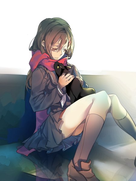 Anime picture 1000x1333 with kagerou project shaft (studio) tateyama ayano syeoseul single long hair tall image fringe smile brown hair sitting brown eyes pleated skirt hug looking down reflection looking up sitting on person girl skirt