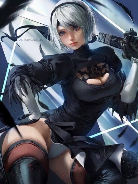 Anime picture 2019x2692 with nier nier:automata yorha no. 2 type b carlos miguel single tall image fringe highres short hair breasts blue eyes light erotic hair between eyes standing holding signed looking away cleavage silver hair arm up