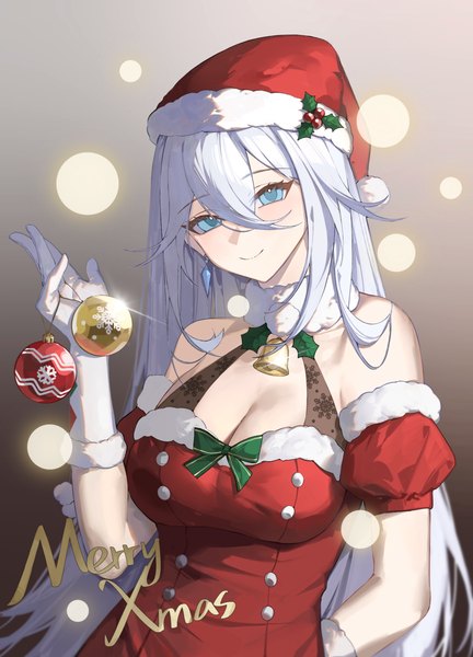 Anime picture 4986x6924 with honkai impact 3rd honkai (series) cecilia schariac tutou jiang single long hair tall image looking at viewer highres breasts blue eyes light erotic smile large breasts absurdres cleavage silver hair upper body head tilt christmas