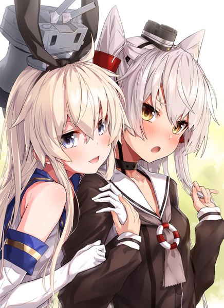 Anime picture 975x1342 with kantai collection shimakaze destroyer rensouhou-chan amatsukaze destroyer takanashi kei (hitsujikan) long hair tall image looking at viewer blush fringe open mouth blue eyes simple background blonde hair smile hair between eyes bare shoulders multiple girls yellow eyes payot
