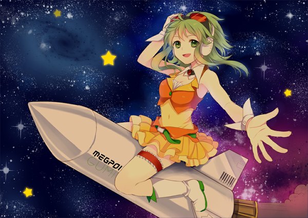 Anime picture 1000x707 with vocaloid gumi himaya single looking at viewer short hair open mouth sitting bare shoulders green eyes green hair outstretched arm hand on head space goggles on head girl headphones star (symbol) star (stars) wrist cuffs