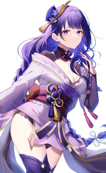 Anime picture 1500x2438 with genshin impact raiden shogun myusha single long hair tall image fringe breasts light erotic simple background large breasts white background purple eyes cleavage purple hair blunt bangs braid (braids) traditional clothes japanese clothes mole