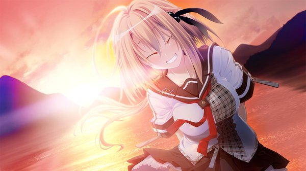 Anime picture 1280x720 with taisetsu na kimi no tame ni, boku ni dekiru ichiban no koto long hair blonde hair smile wide image game cg eyes closed evening sunset girl serafuku