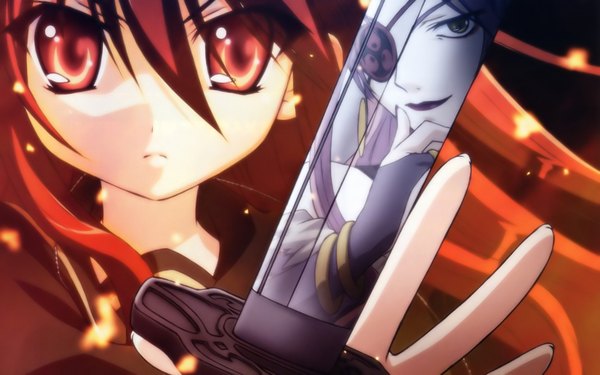 Anime picture 1680x1051 with shakugan no shana j.c. staff shana long hair highres red eyes wide image red hair reflection sword eyepatch bel peol