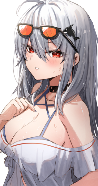 Anime picture 1586x3000 with arknights skadi (arknights) skadi (waverider) (arknights) horn/wood single long hair tall image looking at viewer blush fringe light erotic simple background hair between eyes red eyes white background upper body ahoge grey hair wet official alternate costume
