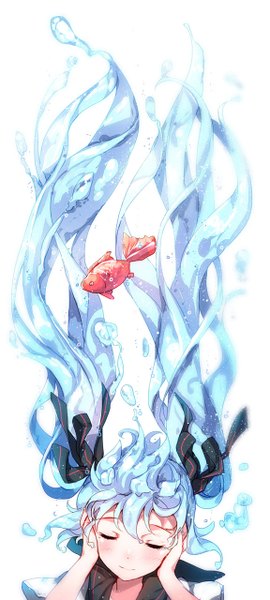 Anime picture 576x1280 with vocaloid hatsune miku bottle miku bison cangshu long hair tall image blush white background twintails blue hair eyes closed liquid hair girl uniform ribbon (ribbons) hair ribbon animal serafuku fish (fishes)