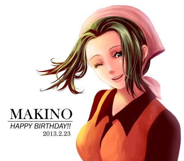 Anime picture 1575x1380 with one piece toei animation makino (one piece) yumiyokiak single looking at viewer short hair open mouth simple background smile white background green eyes upper body head tilt one eye closed green hair wink teeth character names dated