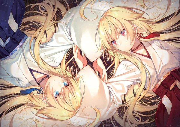 Anime picture 2716x1920 with original toosaka asagi long hair blush fringe highres breasts open mouth blue eyes blonde hair hair between eyes red eyes multiple girls lying long sleeves traditional clothes japanese clothes scan wide sleeves :o