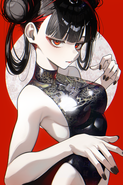 Anime picture 4000x6000 with original noubin single tall image fringe highres short hair breasts light erotic black hair simple background red eyes standing bare shoulders looking away absurdres nail polish fingernails hair bun (hair buns) red background