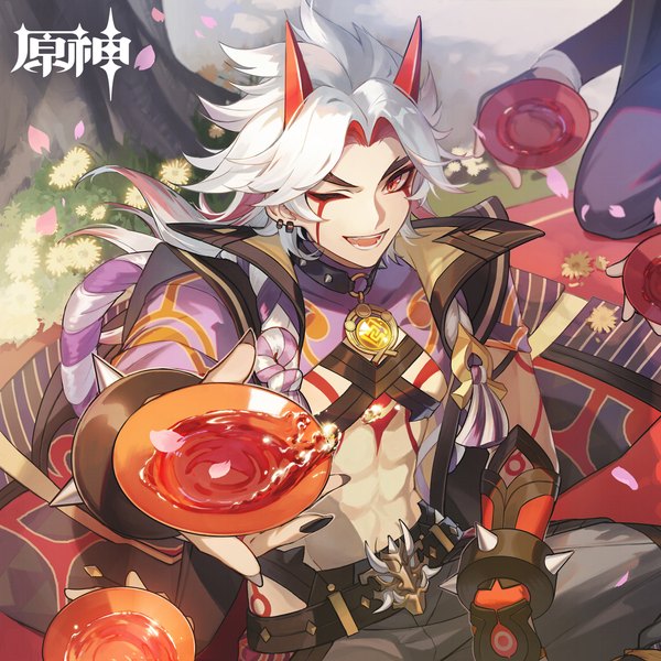 Anime-Bild 2500x2500 mit genshin impact arataki itto selenoring long hair looking at viewer highres open mouth red eyes sitting white hair one eye closed horn (horns) from above wink official art copyright name piercing ear piercing solo focus eyebrows