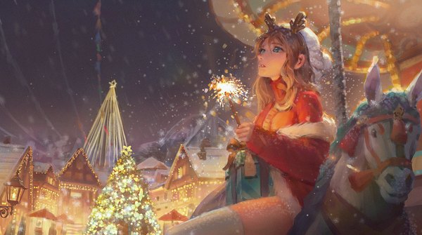 Anime picture 1280x714 with original hyy-huangyuyao single long hair fringe blue eyes blonde hair hair between eyes wide image sitting holding looking away outdoors parted lips off shoulder night night sky snowing christmas winter