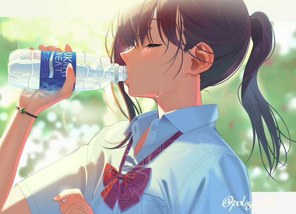 Anime picture 1754x1270 with original pocari sweat poligon (046) single long hair blush fringe highres open mouth hair between eyes brown hair holding signed payot upper body ponytail eyes closed profile arm up blurry