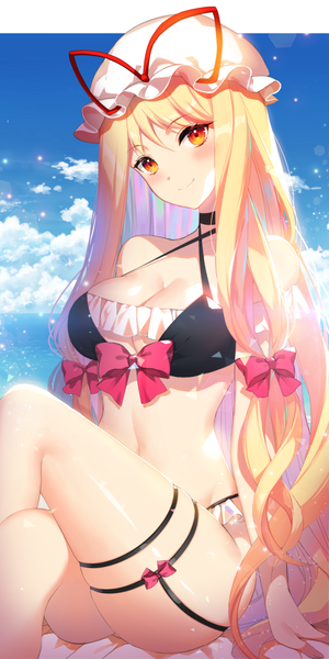 Anime picture 700x1400 with touhou yakumo yukari roh nam kyung single long hair tall image looking at viewer blush fringe breasts light erotic blonde hair hair between eyes sitting sky cleavage cloud (clouds) outdoors head tilt arm support