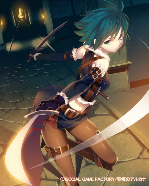 Anime picture 800x1000 with original yangsion single tall image short hair holding green eyes blue hair dual wielding girl skirt gloves weapon pantyhose sword elbow gloves belt