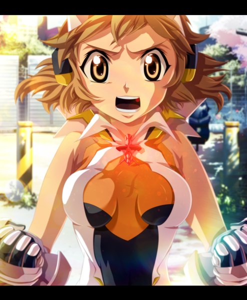 Anime picture 2741x3326 with senki zesshou symphogear satelight tachibana hibiki tremblax single tall image highres short hair open mouth blonde hair yellow eyes sunlight coloring portrait letterboxed girl plant (plants) tree (trees) building (buildings) fist