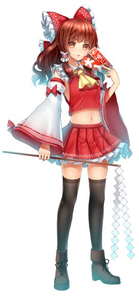 Anime picture 700x1540 with touhou hakurei reimu tsukiriran single long hair tall image looking at viewer simple background red eyes white background red hair girl thighhighs skirt navel bow black thighhighs hair bow detached sleeves miniskirt