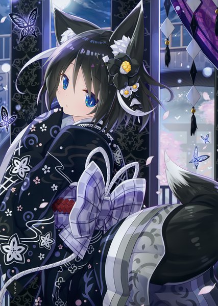 Anime picture 2845x4000 with original yano mitsuki single tall image looking at viewer highres short hair blue eyes black hair animal ears tail traditional clothes japanese clothes animal tail looking back hair flower scan fox ears fox tail fox girl