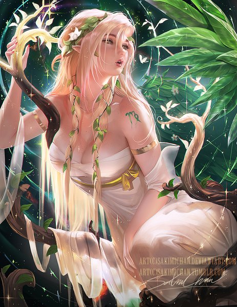 Anime picture 773x1000 with original sakimichan single long hair tall image fringe open mouth blonde hair hair between eyes sitting green eyes signed looking away nail polish hair flower fingernails lips pointy ears realistic sparkle