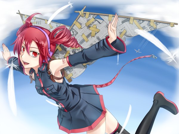 Anime picture 1024x768 with vocaloid utau kasane teto tagme (artist) open mouth red eyes red hair spread arms flying fake wings girl thighhighs detached sleeves wings headphones feather (feathers) newspaper
