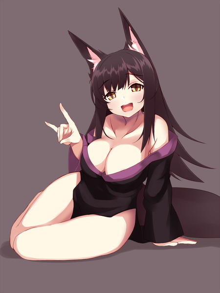Anime picture 900x1200 with original ponkotsu (ayarosu) single long hair tall image looking at viewer open mouth light erotic black hair simple background animal ears yellow eyes traditional clothes shadow fox ears fox girl fox shadow puppet girl