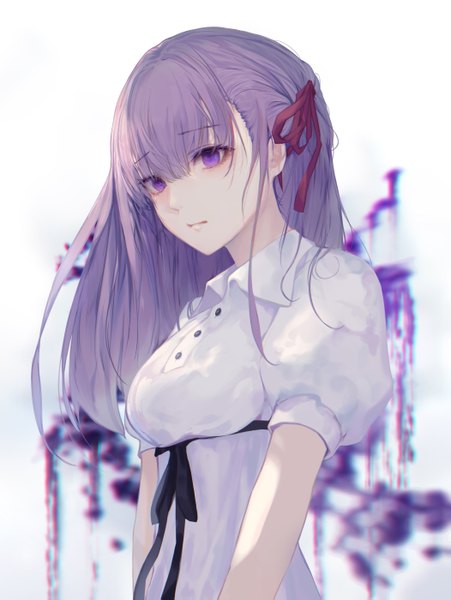 Anime picture 1051x1399 with fate (series) fate/stay night matou sakura jname single long hair tall image fringe breasts simple background hair between eyes standing white background purple eyes looking away purple hair upper body short sleeves puffy sleeves expressionless