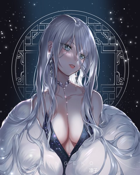 Anime picture 4000x5000 with genshin impact shenhe (genshin impact) ringeko-chan single tall image looking at viewer blush fringe highres breasts blue eyes light erotic large breasts signed looking away absurdres cleavage silver hair upper body very long hair
