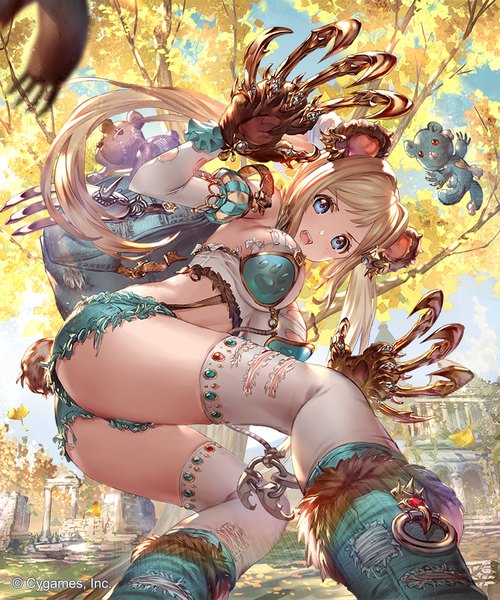 Anime picture 750x900 with shingeki no bahamut murmur (shingeki no bahamut) 77gl single long hair tall image looking at viewer fringe open mouth blue eyes light erotic blonde hair twintails animal ears payot outdoors tail animal tail from below fur trim