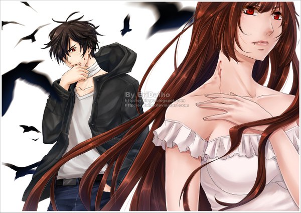 Anime picture 1280x905 with i am your master sofia (i am your master) cain (i am your master) eridaiho (artist) long hair fringe short hair black hair simple background red eyes brown hair white background bare shoulders hair over one eye inscription teeth fang (fangs) couple vampire girl