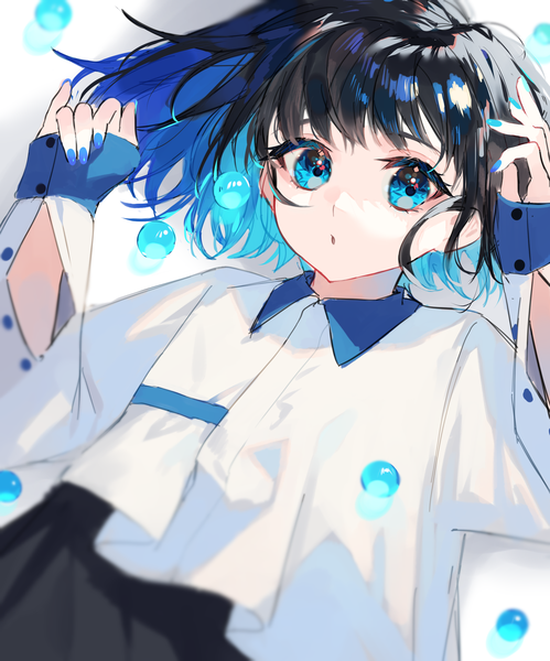 Anime picture 1941x2332 with original zumi (neronero126) single tall image looking at viewer blush fringe highres short hair open mouth blue eyes black hair simple background smile blunt bangs nail polish multicolored hair fingernails blurry two-tone hair