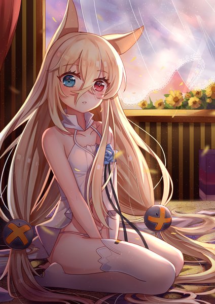 Anime picture 1000x1414 with girls frontline g41 (girls frontline) yuhuan single tall image looking at viewer blush fringe blue eyes light erotic blonde hair hair between eyes red eyes twintails animal ears full body indoors very long hair wind heterochromia