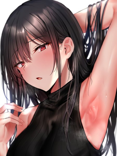 Anime picture 900x1200 with original yuyu (yuyuworks) single long hair tall image looking at viewer blush fringe open mouth light erotic black hair simple background hair between eyes red eyes white background payot upper body arm up :o armpit (armpits)