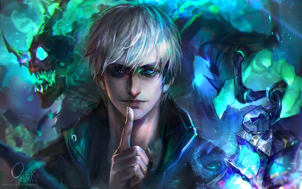 Anime picture 1280x800 with league of legends zed (league of legends) thresh (league of legends) oreki genya looking at viewer short hair blue eyes signed upper body white hair finger to mouth ghost boy fire skull lantern lock