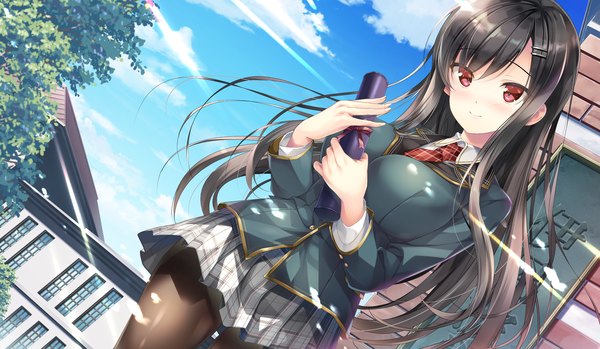 Anime picture 2010x1170 with study steady omaezaki yuu emily (pure dream) single long hair looking at viewer blush fringe highres breasts black hair hair between eyes red eyes wide image large breasts standing holding game cg sky cloud (clouds)