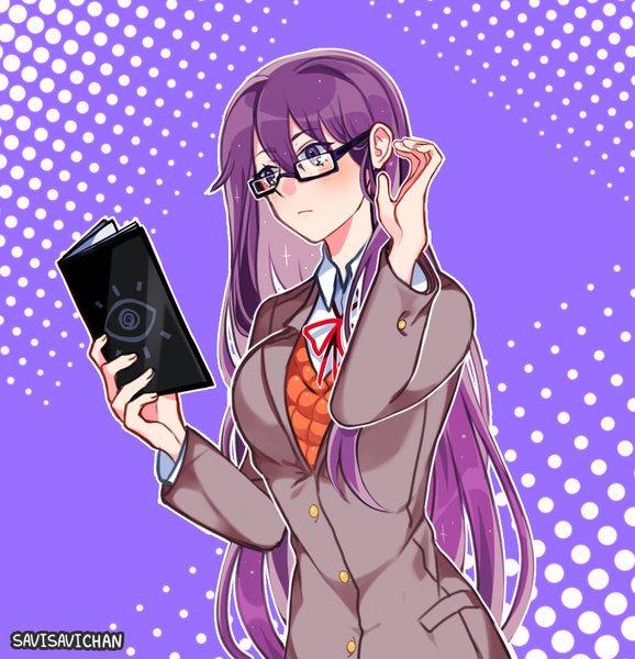 Anime picture 925x960 with doki doki literature club yuri (doki doki literature club) savi (byakushimc) single long hair tall image blush fringe simple background hair between eyes purple eyes holding signed looking away purple hair upper body long sleeves arm up adjusting hair polka dot
