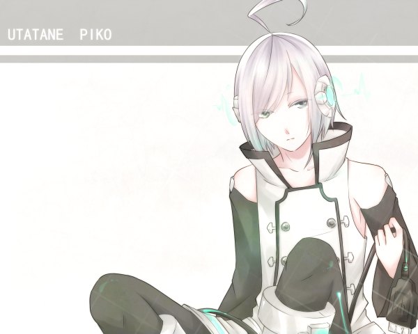 Anime picture 1200x960 with vocaloid utatane piko sekiyu short hair sitting bare shoulders ahoge grey hair grey eyes wallpaper boy detached sleeves headphones usb